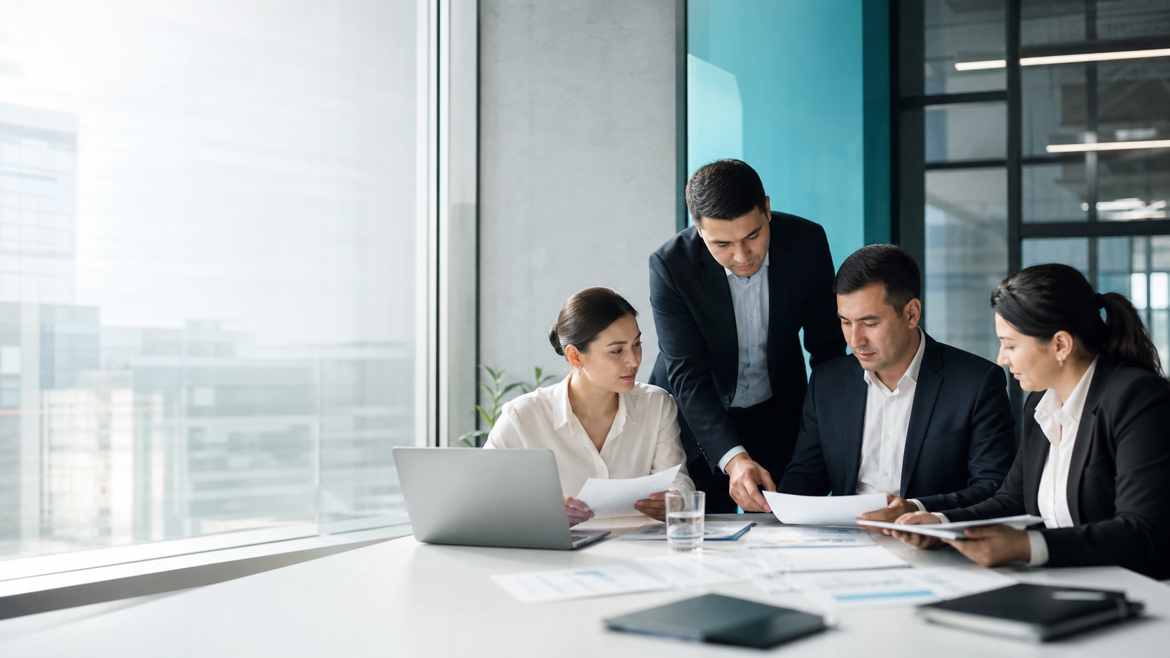 Central Asian audit team reviewing financial documents